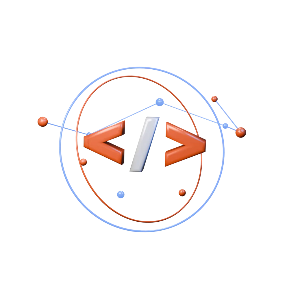 3D code brackets surrounded by connected nodes representing open source and AI